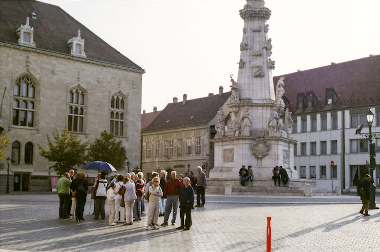 A tour group at Trinity Square, Budapest